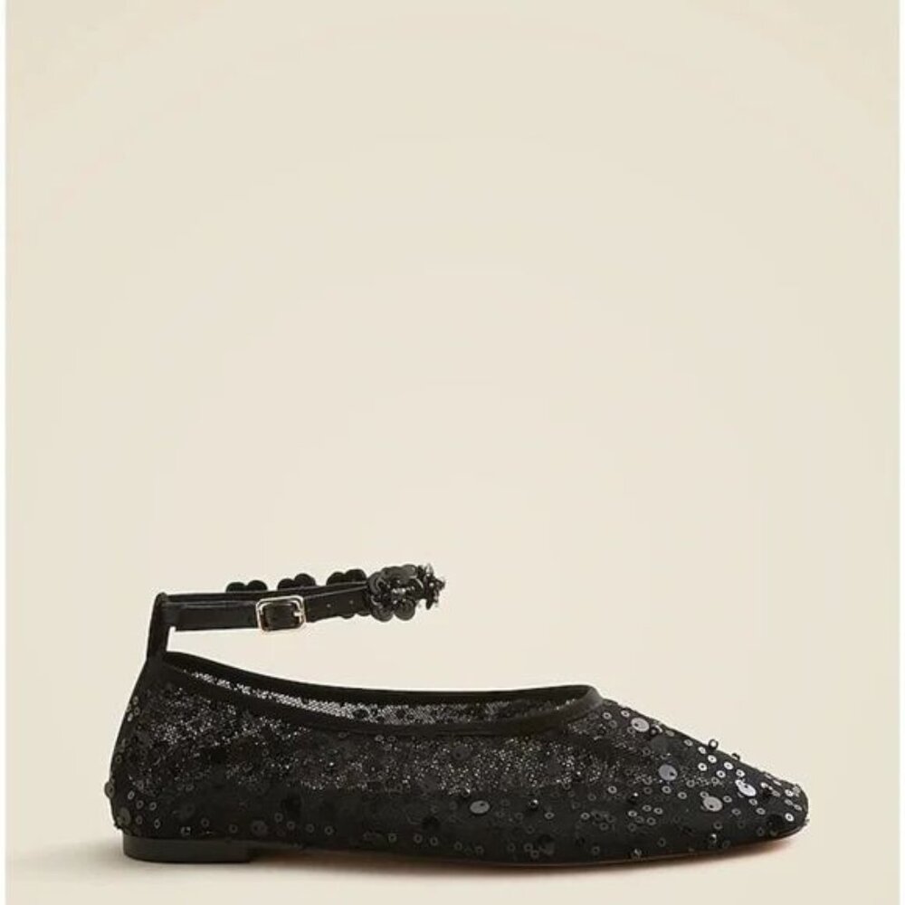 J. Crew Quinn Black Sequin And Mesh Ballet Flats w/Removable Ankle Strap Sz 7.5 - Picture 4 of 12